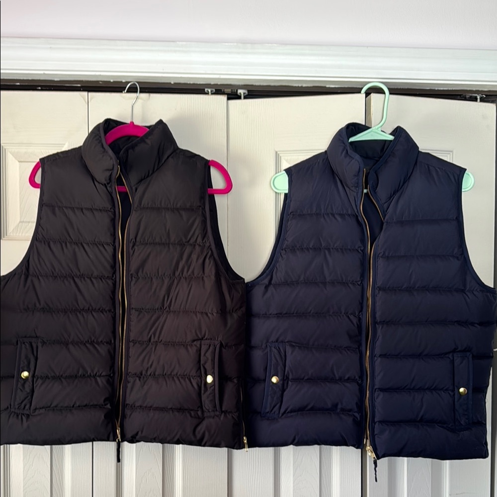 Lot of 2 JCrew Puffer Vests in Black and Navy with Gold Zippers and Buttons